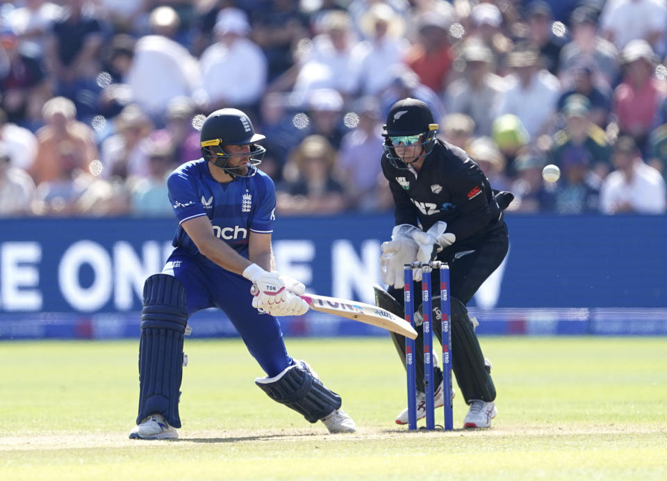 England's Dawid Malan batting during the first one day international match against New Zealand, at Sophia Gardens, Cardiff, Wales, Friday Sept. 8, 2023. (Joe Giddens/PA via AP)