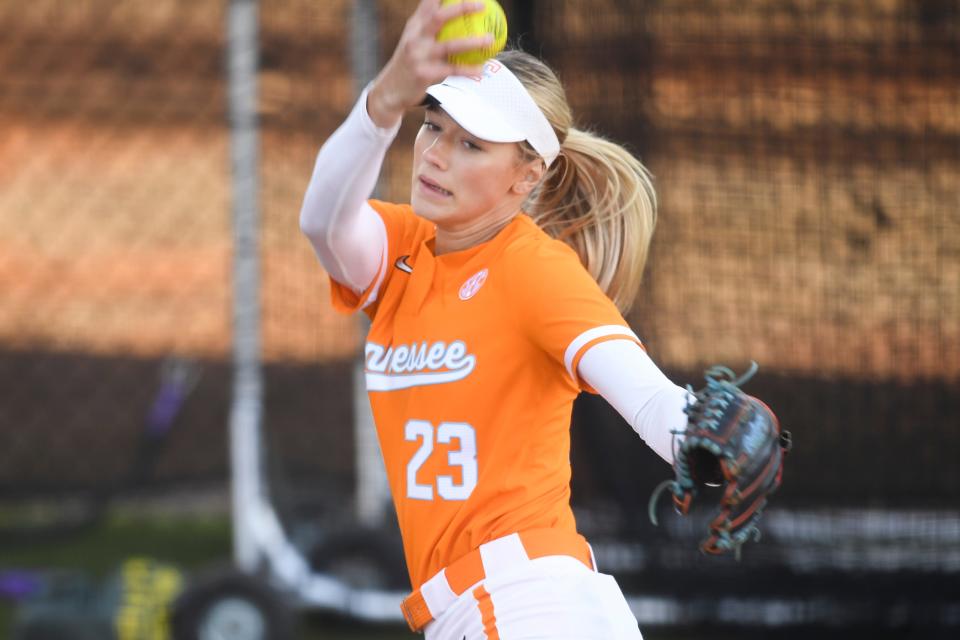 Tennessee pitcher Karlyn Pickens (23) warms up during a Lady Vols softball game between Tennessee and Ole Miss at Sherri Parker Lee Stadium, Friday, March 10, 2023.