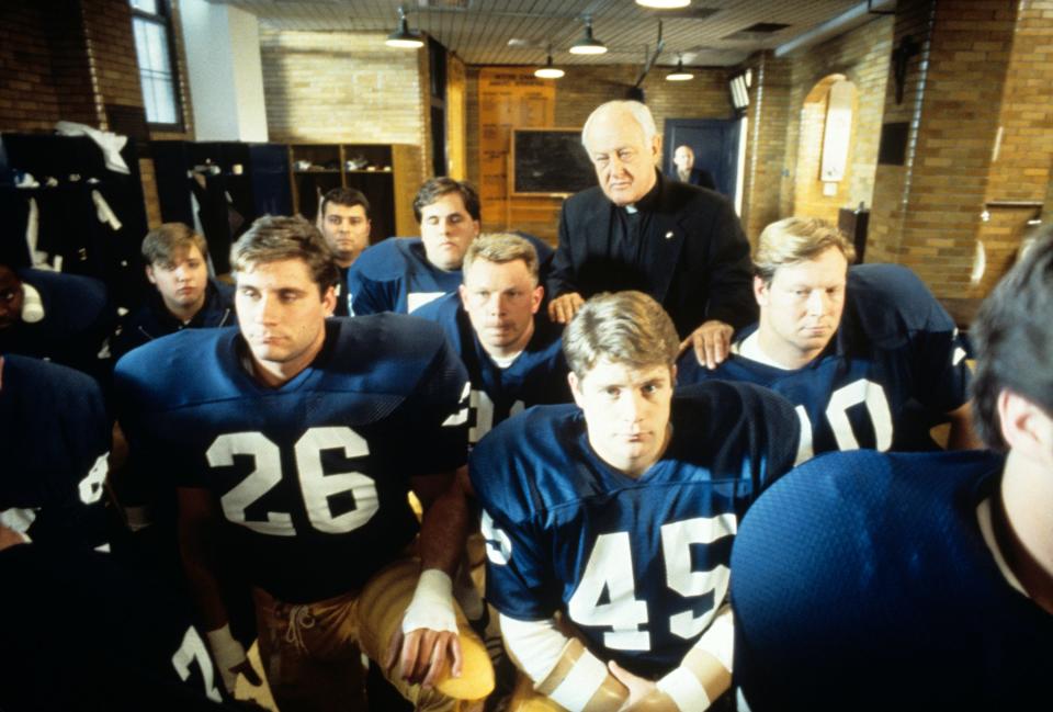 Underdog walk-on Rudy Ruettiger (Sean Astin, bottom center) gets to dress in his final Notre Dame football game in "Rudy."