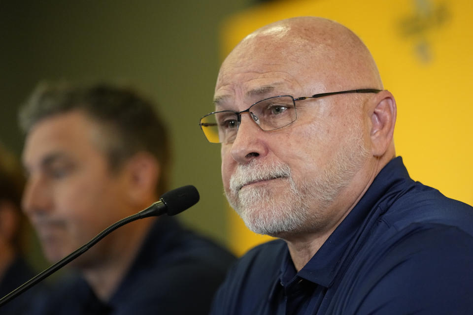 Nashville Predators incoming general manager Barry Trotz responds to questions during a news conference at the NHL hockey team's arena Wednesday, May 31, 2023, in Nashville, Tenn. (AP Photo/George Walker IV)