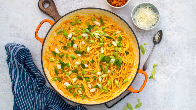 spicy kimchi pasta in pan