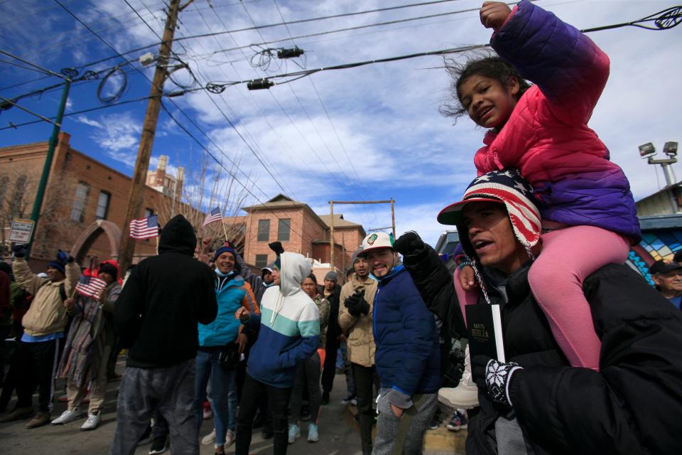 Activists organized a march from Chihuahuita Park to Sacred Heart Church to protest the expansion of Title 42 ahead of President Joe Biden’s visit to El Paso, Saturday, Jan. 7.