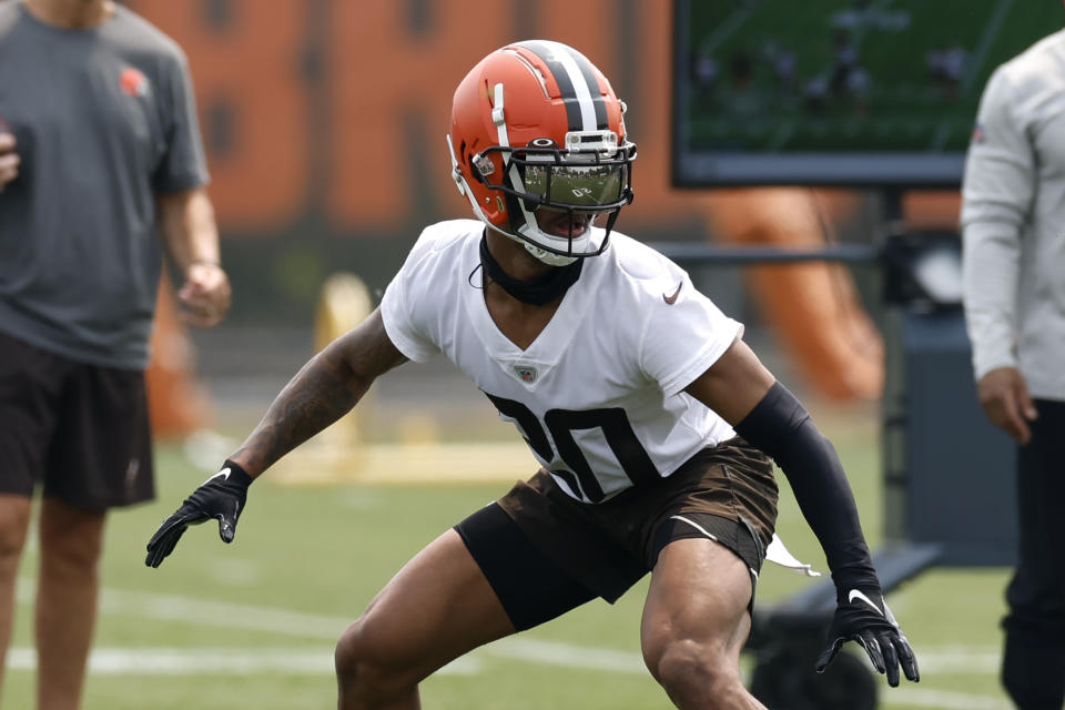 Cleveland Browns cornerback Greg Newsome II takes part in drills at the NFL football team's practice facility Tuesday, June 6, 2023, in Berea, Ohio. (AP Photo/Ron Schwane)