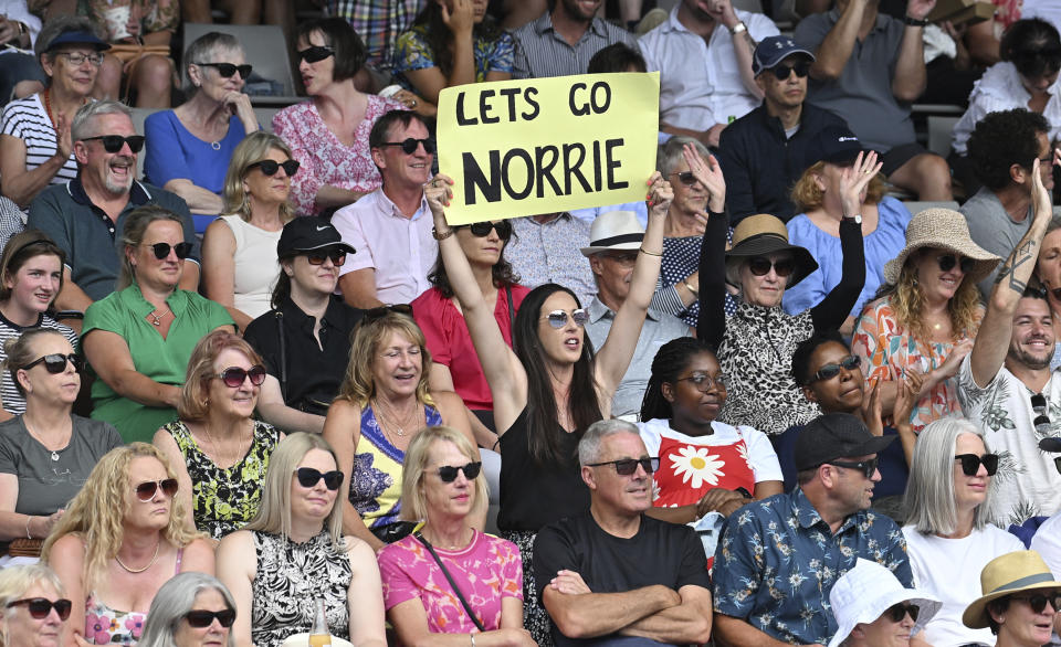 A supporter of Cameron Norrie of Britain holds up a sign in his mens singles final against Richard Gasquet of France at the ASB Classic tennis event in Auckland, New Zealand, Saturday, Jan. 14, 2023. (Andrew Cornaga/Photoport via AP)