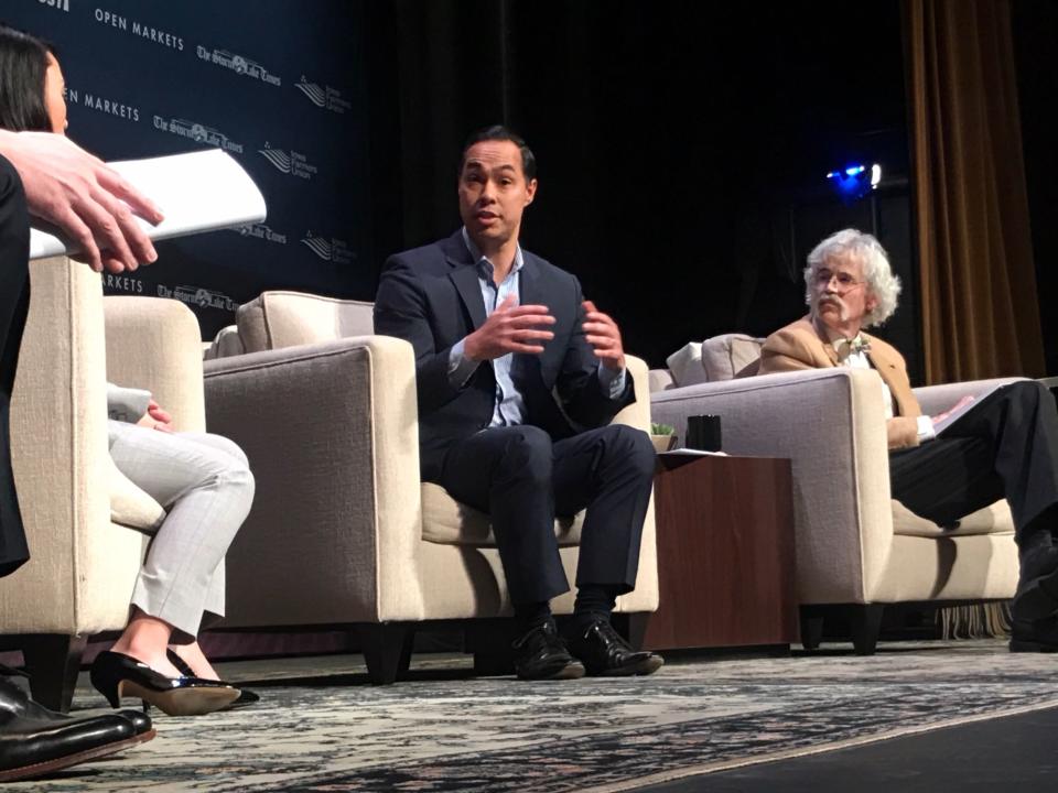 Former Secretary of Housing and Urban Development Julian Castro speaks at the Heartland Forum in Storm Lake Saturday afternoon.