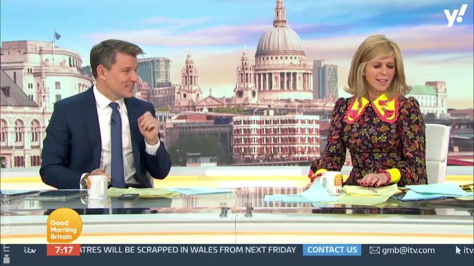 <p>Good Morning Britain host Ben Shephard teases his co-host Kate Garraway for her bold dress and collar on the show.</p>