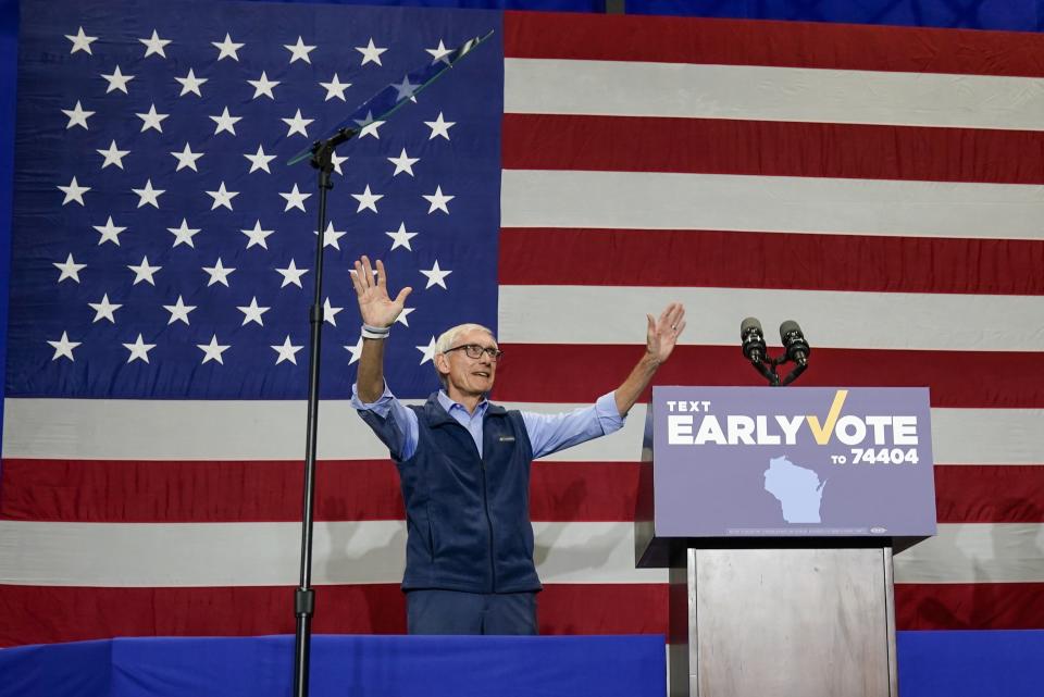 Wisconsin Democratic Gov. Tony Evers speaks at a rally Saturday, Oct. 29, 2022, in Milwaukee. (AP Photo/Morry Gash)