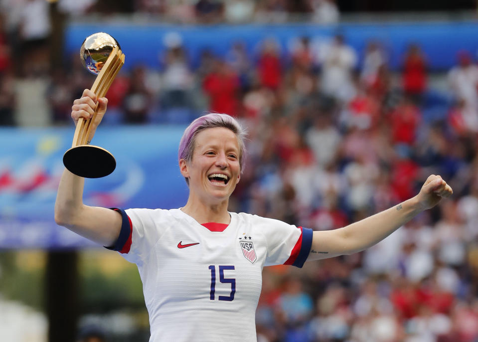 Jul 7, 2019; Lyon, FRANCE; United States forward Megan Rapinoe (15) celebrates with the golden ball after defeating the Netherlands in the championship match of the FIFA Women's World Cup France 2019 at Stade de Lyon. Mandatory Credit: Michael Chow-USA TODAY Sports