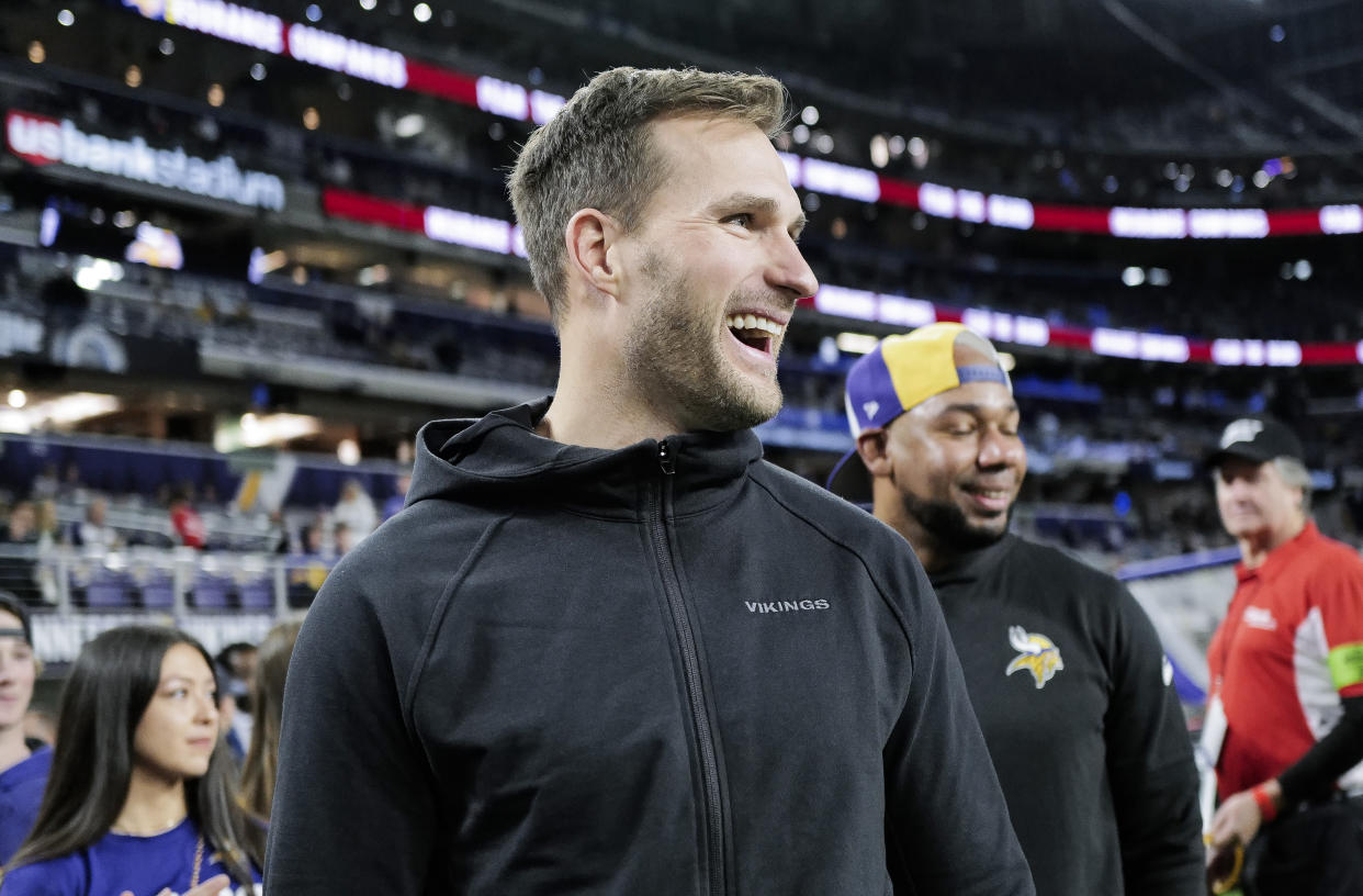 MINNEAPOLIS, MINNESOTA - DECEMBER 31: Kirk Cousins #8 of the Minnesota Vikings looks on from the sidelines before the game against the Green Bay Packers at U.S. Bank Stadium on December 31, 2023 in Minneapolis, Minnesota. (Photo by Stephen Maturen/Getty Images)