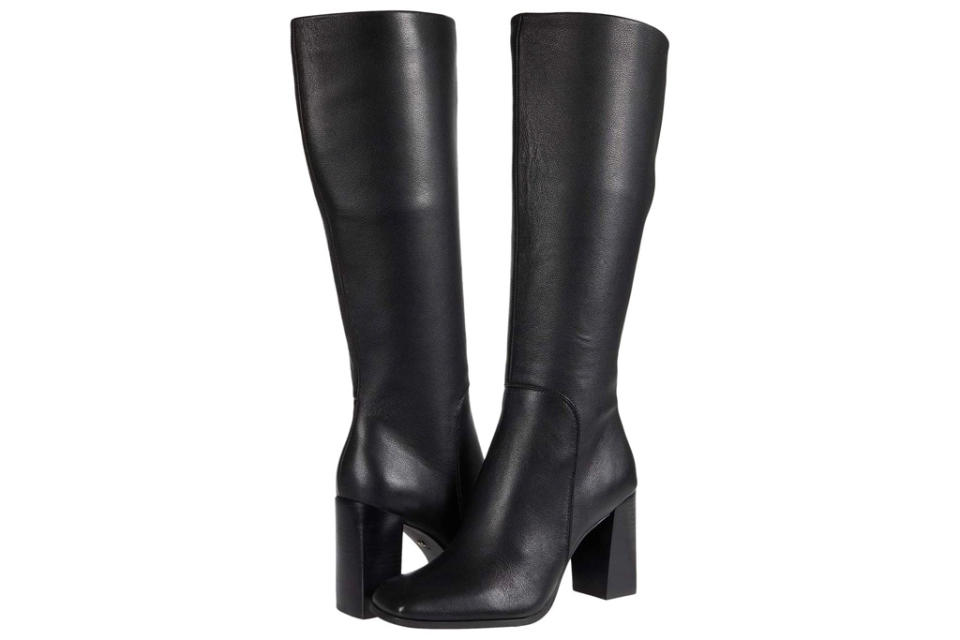 black boots, knee-high, heel, square-toe, shoes