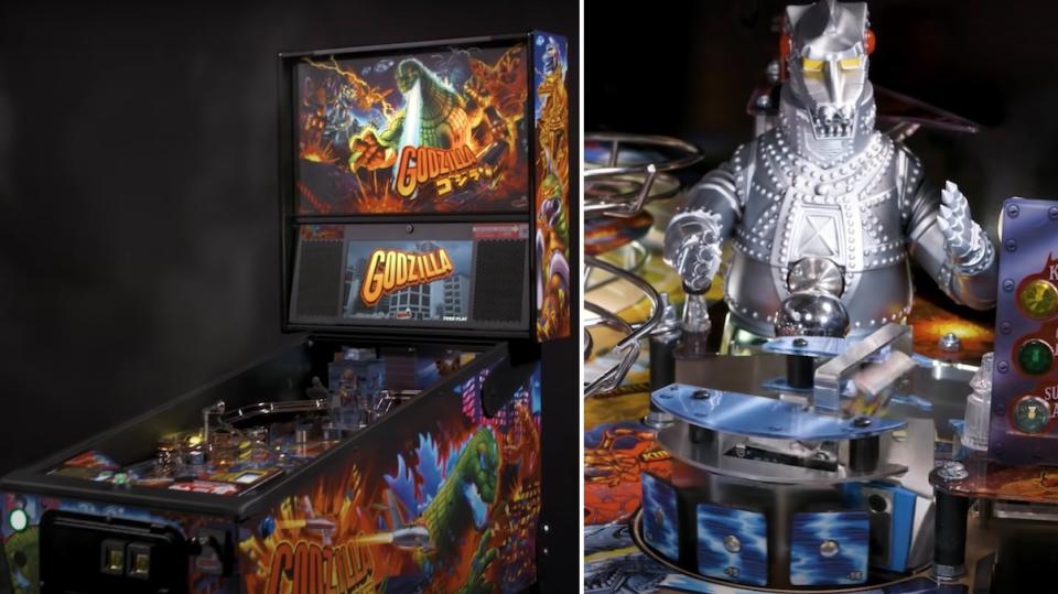 A Godzilla pinball machine and a detail from the game showing Mechagodzilla