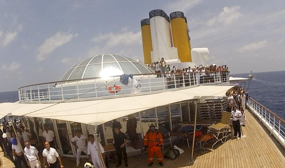 In this photo taken Tuesday, Feb. 28, 2012 by Zil Air and released by the Seychelles Office of the President, the Costa Allegra cruise ship is seen at sea near the Seychelles. Disabled by an engine fire, the cruise ship is being towed and should reach land Thursday, according to a spokesman for Costa Cruises. (AP Photo/Zil Air via Seychelles Office of the President)