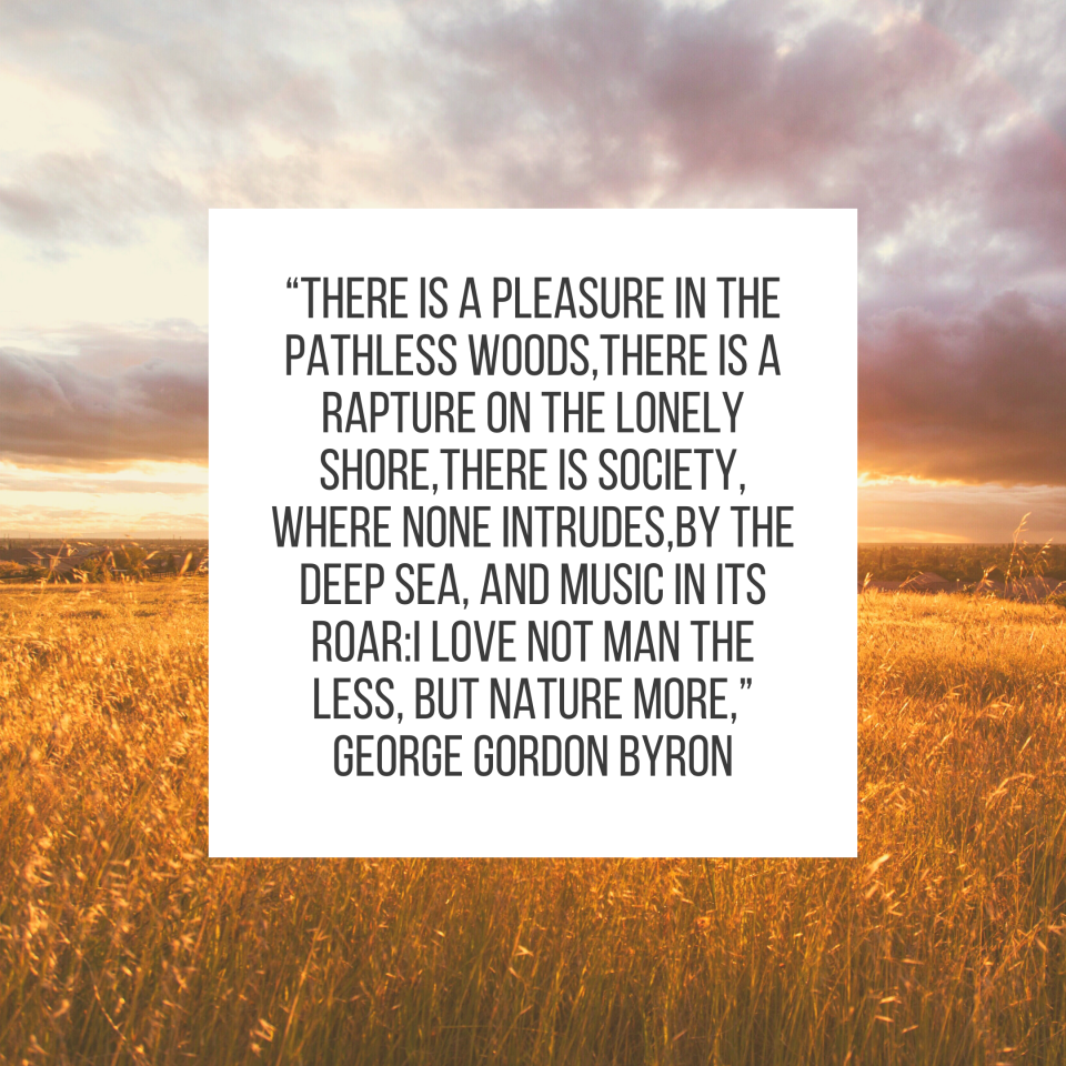 “There is a pleasure in the pathless woods, There is a rapture on the lonely shore, There is society, where none intrudes, By the deep sea, and music in its roar: I love not man the less, but Nature more,” George Gordon Byron