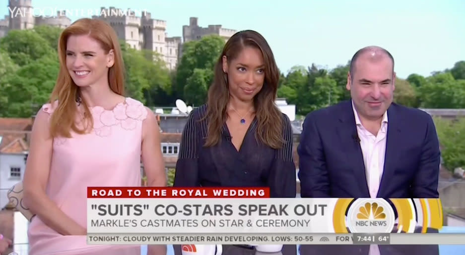 One day before Meghan Markle gets married to Prince Harry, her Suits co-stars Sarah Rafferty, Gina Torres, and Rick Hoffman dropped by the Today Show in lovely Windsor, England. Source: NBC