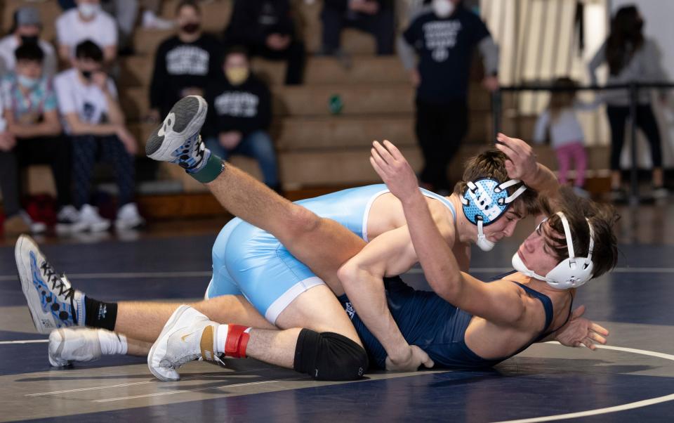 Christian Brothers Academy, with Tyler Barrett (top), shown pinning Howell's Gavin Merkel on Jan. 5, as one of its top wrestlers has a big week on tap. The Colts will wrestle Middletown South Wednesday night and then participate in the Escape the Rock Tournament at Council Rock South (Pa.) Saturday and Sunday.