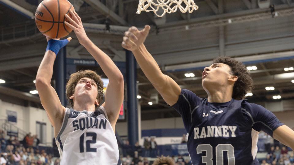 Manasquan's Griffin Linstra goes up against Ranney's Drew Buck in the Shore Conference Tournament final in West Long Branch on Feb. 19, 2023.