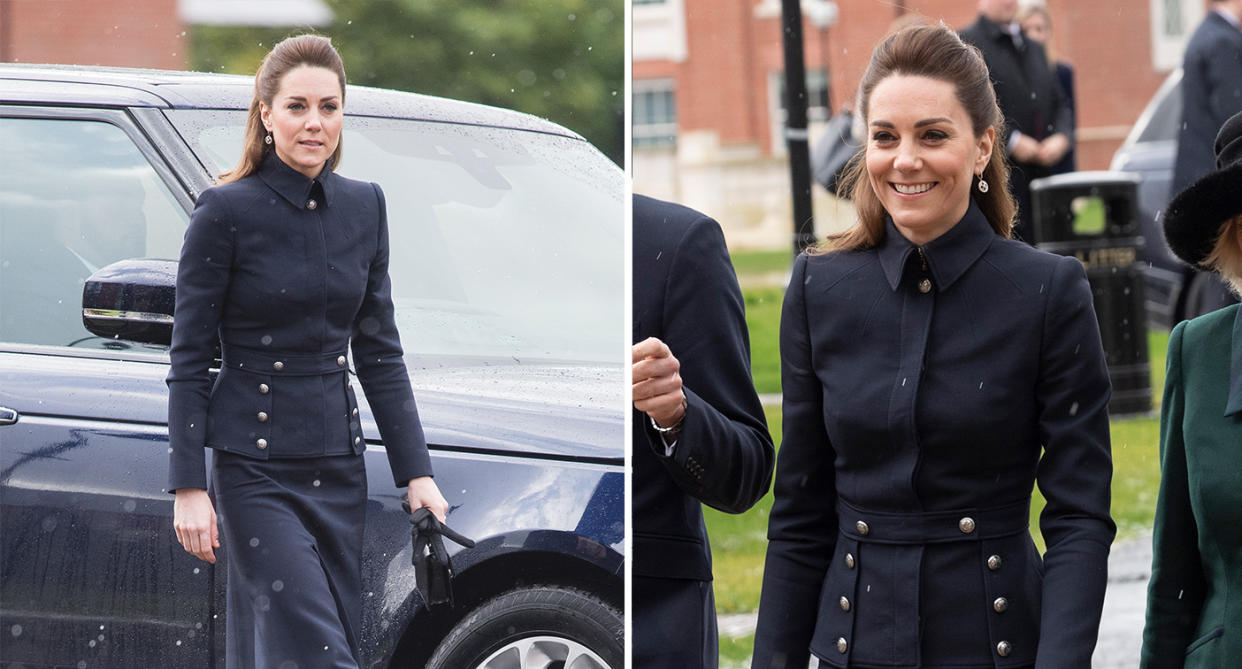 The Duchess of Cambridge pictured wearing an Alexander McQueen jacket today. (Photo: Getty)