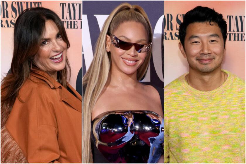 A split image of Mariska Hargitay in an orange coat; Beyonce in a metallic dress and sunglasses; Simu Liu in a yellow sweater