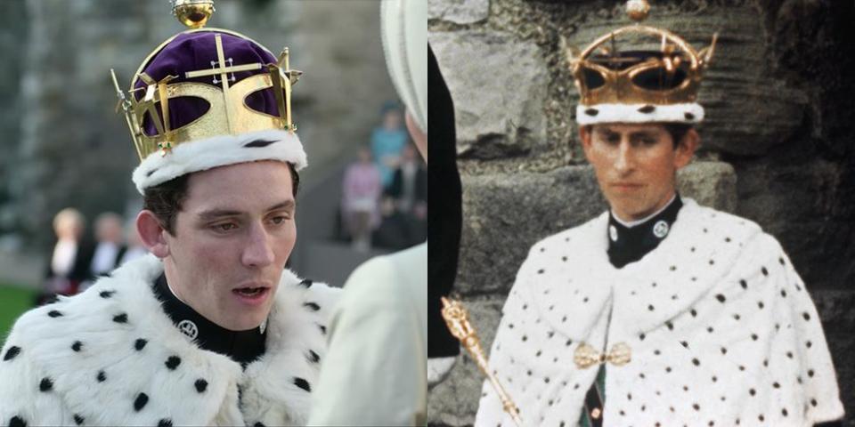 <p>Prince Charles donned traditional garb for his Prince of Wales investiture in Caernarvon, Wales in 1969. His fur shawl and crown were carefully recreated in season 3. </p>