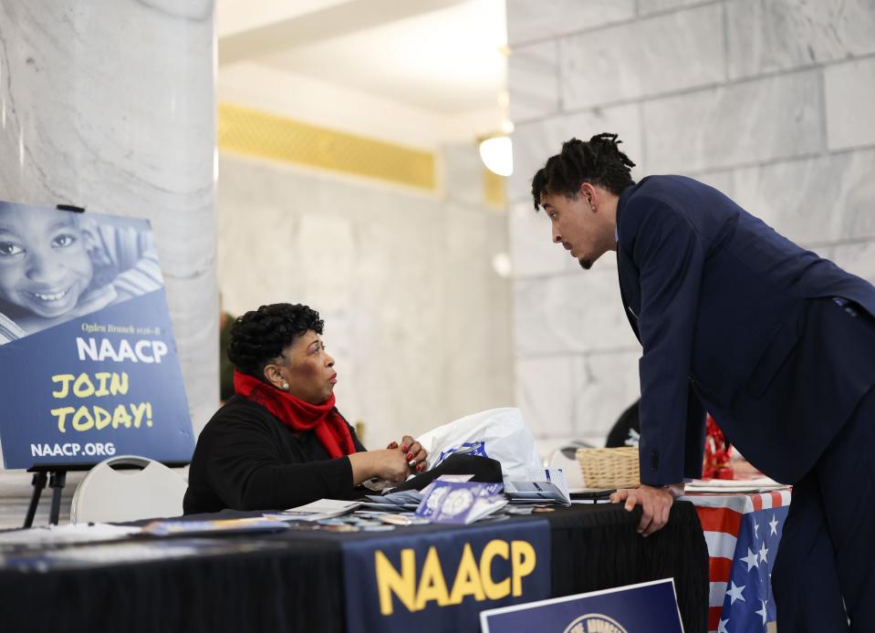 Jeanetta Williams, NAACP Salt Lake Branch president, speaks with MJ Powell during NAACP State Legislative Advocacy Day at the Capitol in Salt Lake City on Wednesday, Feb. 21, 2024. | Laura Seitz, Deseret News