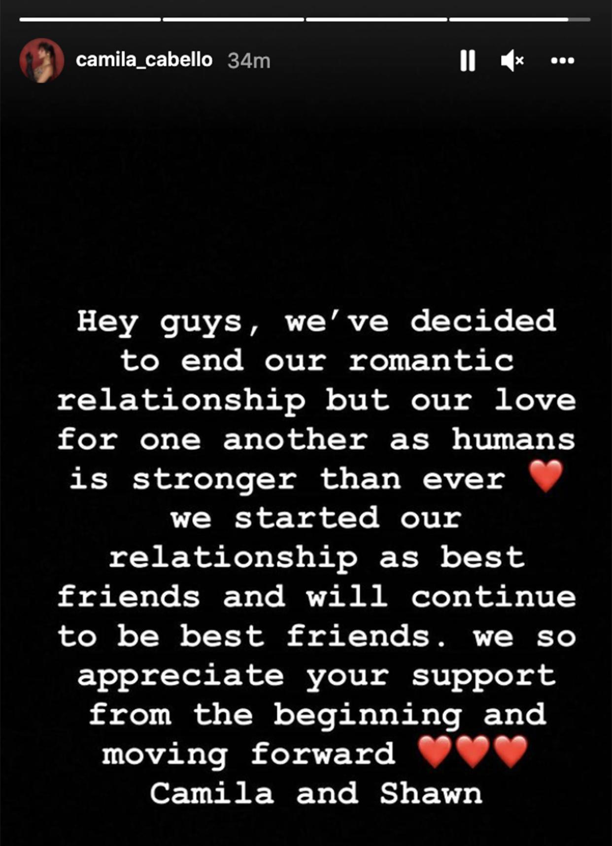 Both Cabello and Mendes shared the same statement from their Instagram accounts on Nov. 17, 2021. (Camilla Cabello / Instagram)