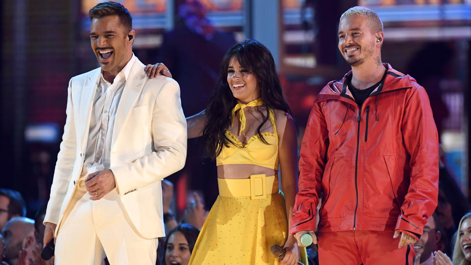 Ricky Martin, Camila Cabello and J Balvin perform at the Grammy Awards 2019. (Photo: Kevork Djansezian/Getty Images)