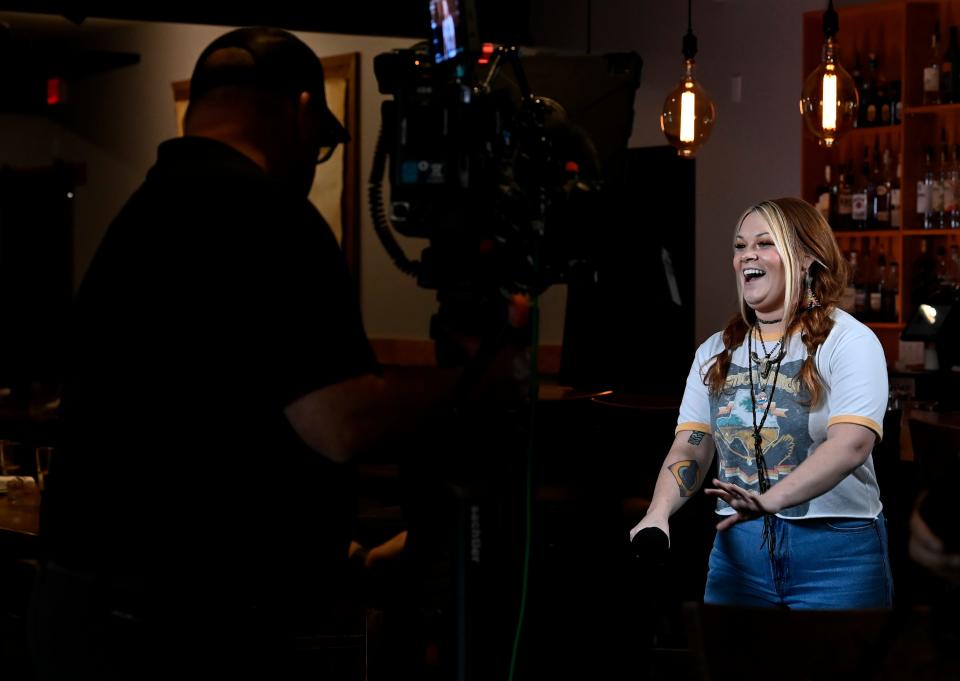 Ashland Craft relaxes after being interviewed by Rissi Palmer before the CMT Next Women of Country event at the City Winery on Wednesday, Sept. 28, 2022, in Nashville, Tenn. 