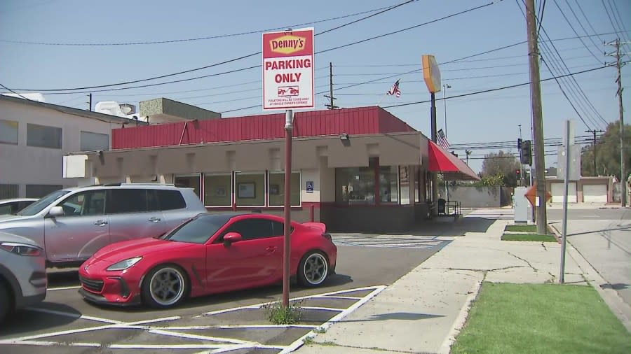 The Denny's restaurant near LAX where David and Leslie Hunt's ashes were stolen on April 19, 2024 by thieves smashing car windows. (KTLA)