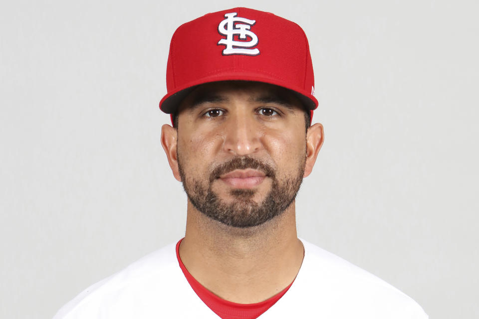FILE - This is a 2021 file photo showing Oliver Marmol of the St. Louis Cardinals baseball team. The Cardinals plan to announce Monday, Oct. 25, 2021, that bench coach Oliver Marmol will be promoted to replace fired manager Mike Shildt, according to a person familiar with the decision. The person spoke to The Associated Press on condition of anonymity Sunday night because the team hadn't revealed the hiring publicy. (Mary DeCicco/Pool via AP, File)