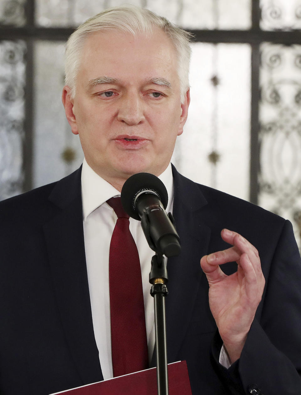 Jaroslaw Gowin the head of a faction within the ruling conservative coalition, speaks to reporters about his proposal to postpone a presidential election in Poland by two years in Warsaw, Poland, Friday April 3, 2020. Uncertainty deepened in Poland on Friday over whether the country will move forward with a presidential election scheduled for May despite the coronavirus pandemic.(AP Photo/Czarek Sokolowski)