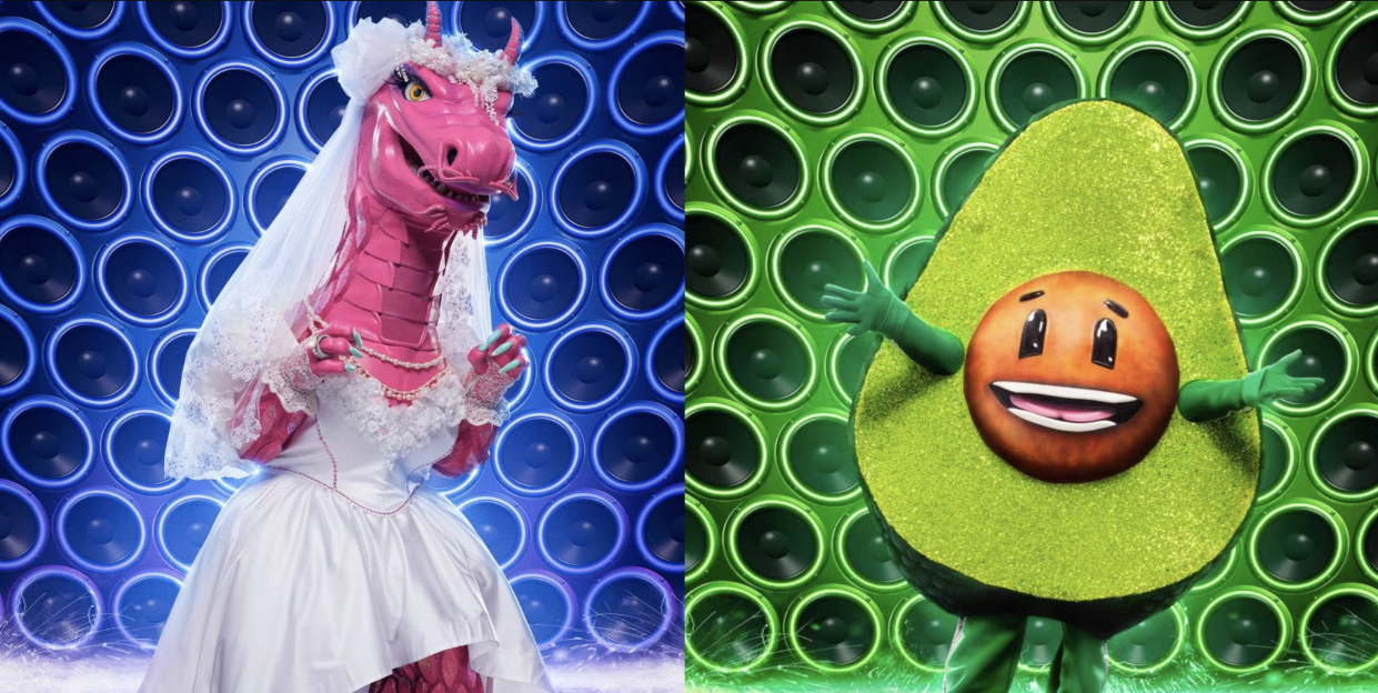 The Bride and Avocado are eliminated on 'The Masked Singer' Comedy Roast Night. (Photos: Fox)