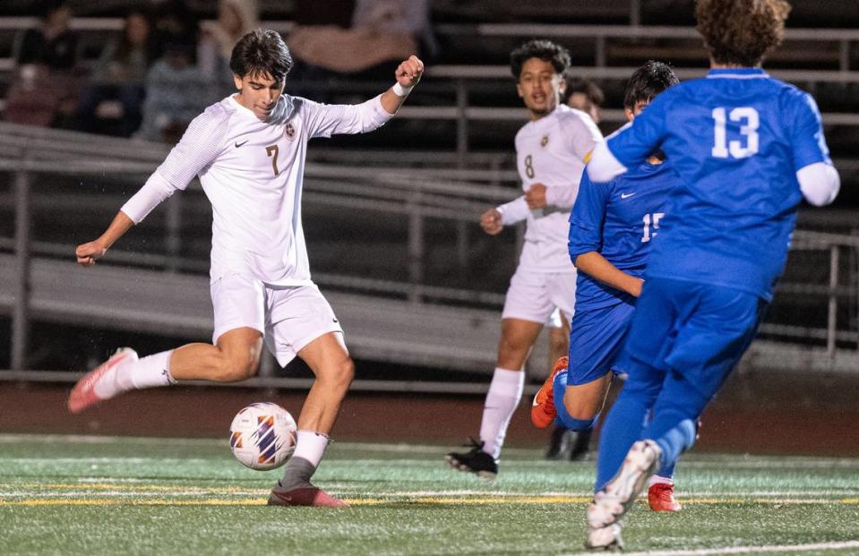 Enochs’ Carlos Fernandez takes a shot on goal during the Central California Athletic League game with Turlock at Turlock High School in Turlock, Calif., Wednesday, Jan. 24, 2024.