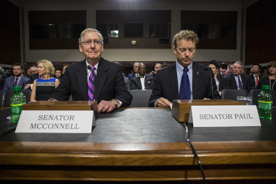 FILE - Senate Majority Leader Mitch McConnell, of Ky., left, and Sen. Rand Paul, R-Ky. appear on Capitol Hill in Washington, on Jan. 11, 2017. Paul on Monday, July 18, 2022, accused McConnell of cutting “a secret deal with the White House that fell apart,” blaming a lack of communication by his fellow Kentuckian for the failure of a federal judicial nomination. (AP Photo/Zach Gibson, File)
