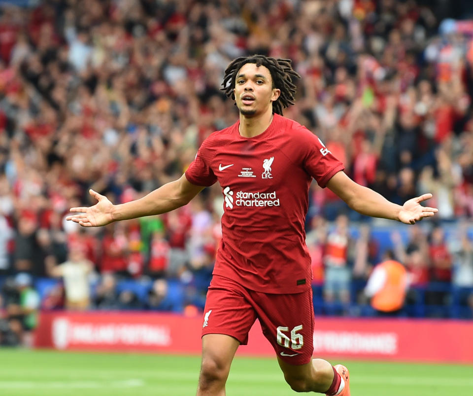 LEICESTER, ENGLAND - JULY 30: (THE SUN OUT,THE SUN ON SUNDAY OUT )  Trent Alexander-Arnold of Liverpool celebrates after scoring the first goal  at The King Power Stadium on July 30, 2022 in Leicester, England. (Photo by Andrew Powell/Liverpool FC via Getty Images)