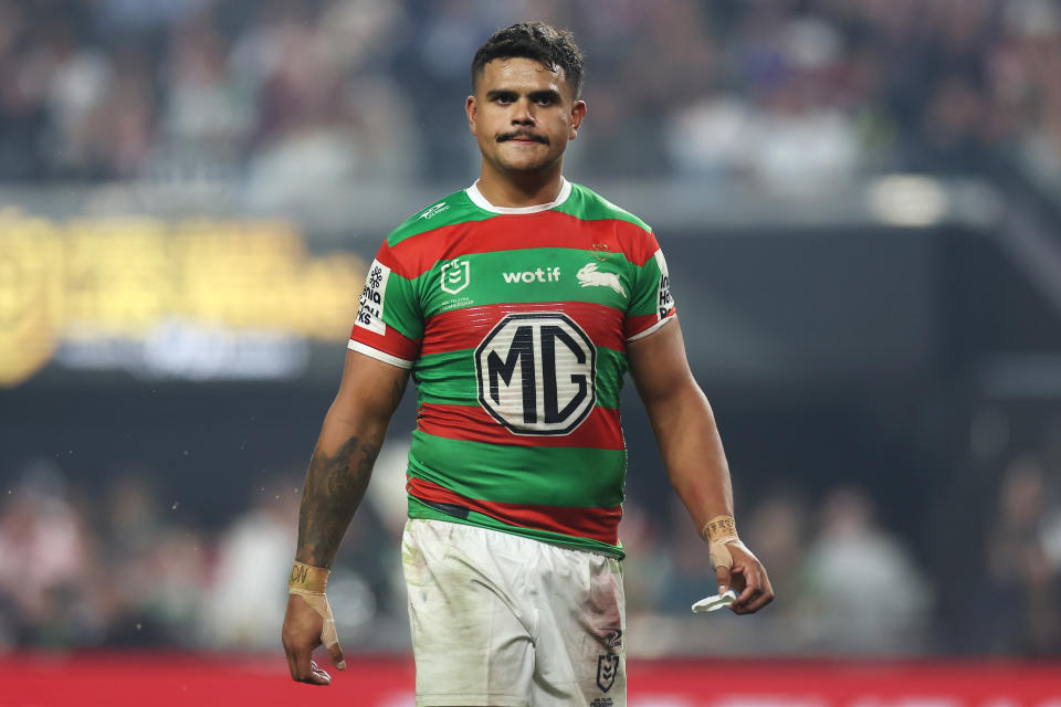 Latrell Mitchell reacts during a game.