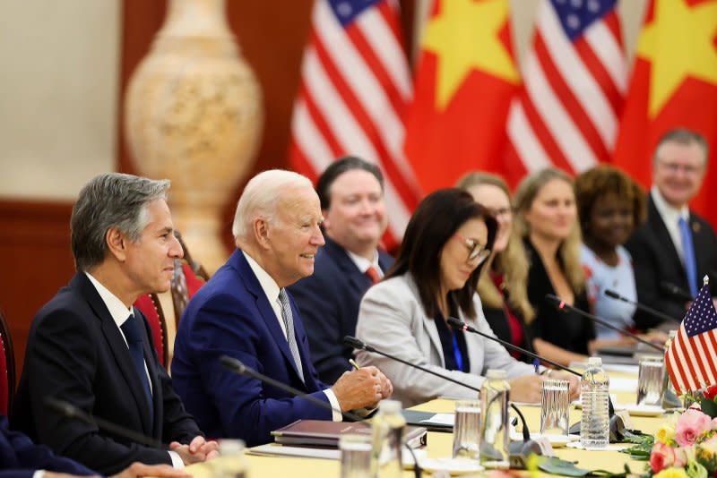 U.S. Secretary of State Antony Blinken (L) and U.S. Pressident Joe Biden hold a meeting at the Communist Party of Vietnam headquarters in Hanoi, Vietnam. Photo by Nhat Bac/Vietnam Government/UPI