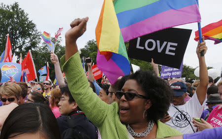 Gay rights supporters celebrate after the U.S. Supreme Court ruled that the U.S. Constitution provides same-sex couples the right to marry, outside the Supreme Court building in Washington, June 26, 2015. REUTERS/Jim Bourg