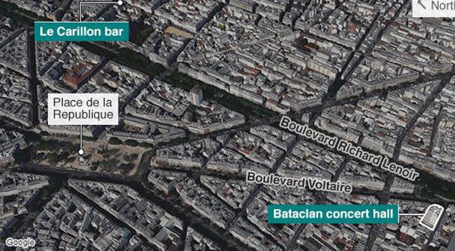 The scene of the siege Bataclan concert venue, 50 boulevard Voltaire, 11th district. Source: Google Maps.