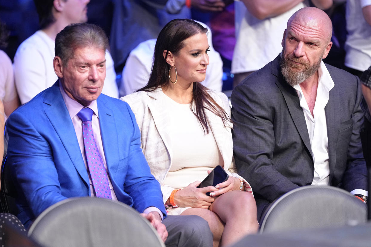 Vince McMahon, Stephanie McMahon and Triple H attend the UFC 276 event at T-Mobile Arena on July 02, 2022 in Las Vegas, Nevada. (Jeff Bottari / Zuffa LLC file)