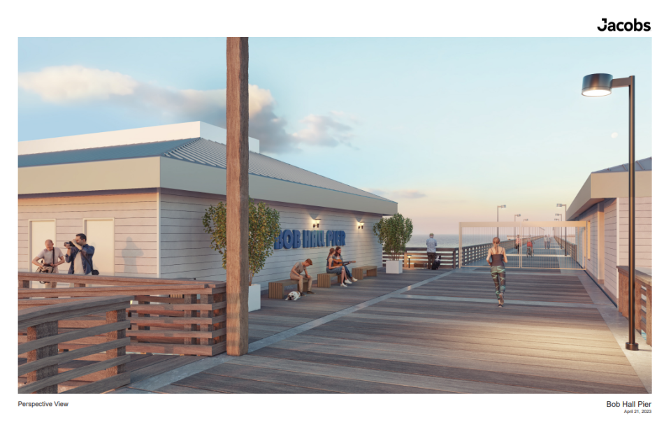 A partial design rendering of the new Bob Hall Pier submitted by Jacobs Engineering to the Nueces County Commissioners Court on Wednesday.