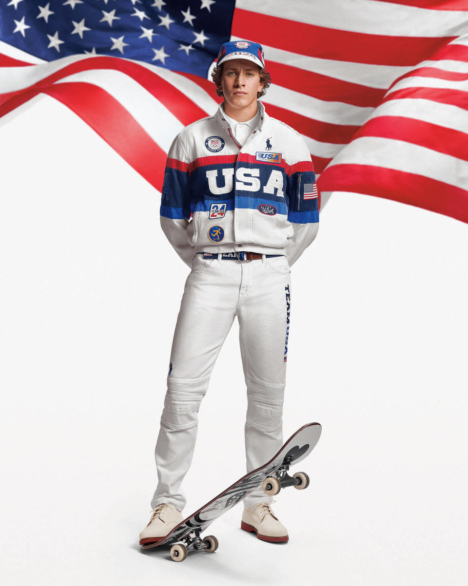 Skateboarder Jagger Eaton wearing Ralph Lauren's closing ceremony uniform for the 2024 Paris Olympics. (Courtesy Ralph Lauren)