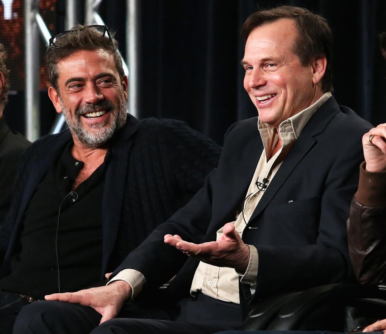 Jeffrey Dean Morgan and Bill Paxton speak onstage during the 'Texas Rising' panel at the A&E Networks portion of the 2015 Winter Television Critics Association press tour at the Langham Hotel on January 9, 2015 in Pasadena, California.