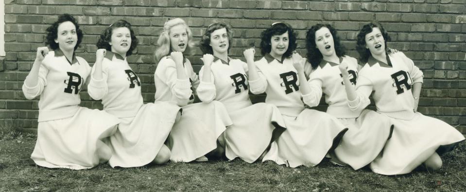 The Rogersville High School cheerleading team for the 1947-1948 school year. From left to right: Barbara Fulton, Joan Collison, Kathyrn Layton, Joan Pursley, Rosemary Logan, Eileen Camp, and Doris Keene.