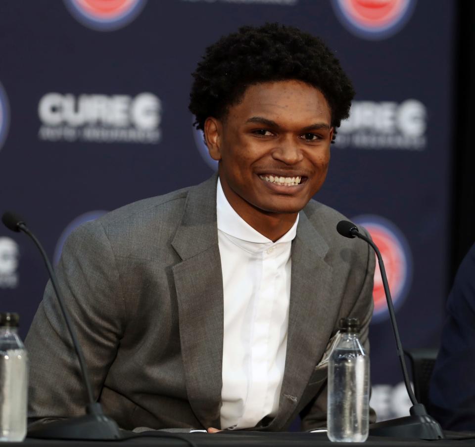 Detroit Pistons draft pick Ausar Thompson takes questions during the introductory news conference at the Henry Ford Detroit Pistons Performance Center, Friday, June 23, 2023.