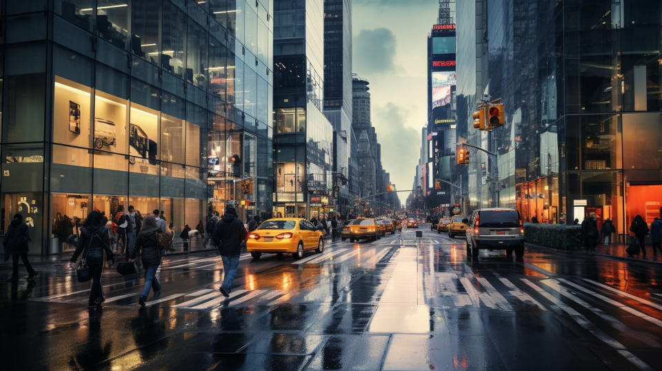 A busy street in a metropolitan scene, featuring the company omnichannel retail stores.