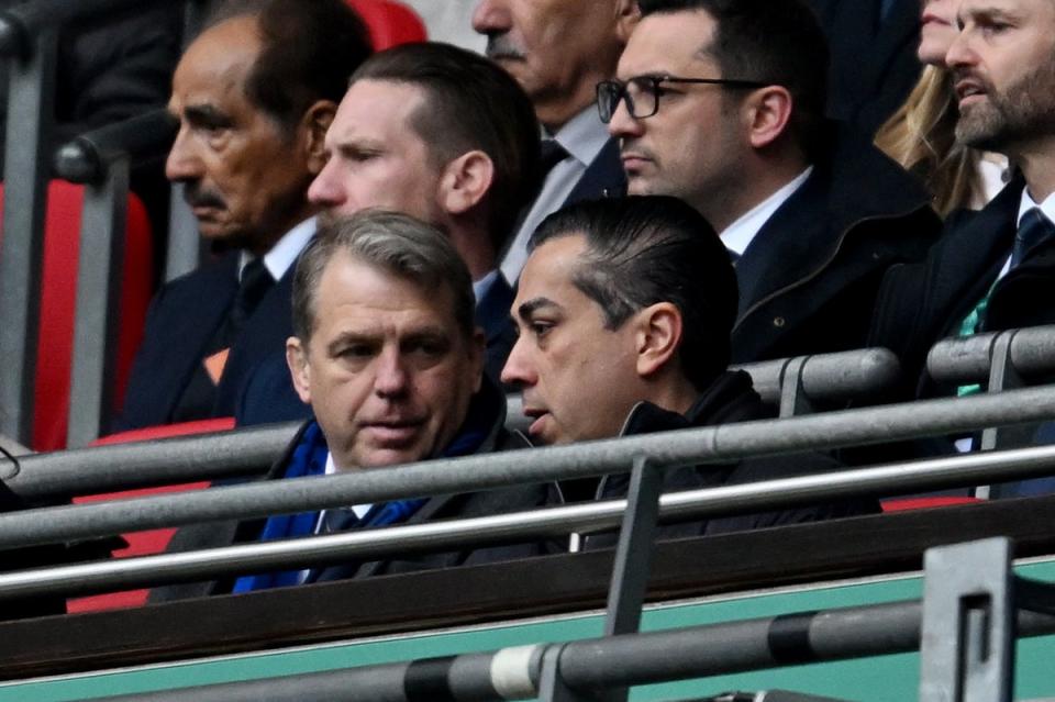 Todd Boehly and Behdad Eghbali co-owners of Chelsea, speak in the stands during the Carabao Cup Final (Chelsea FC via Getty Images)