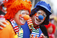 <p>Costumed revelers celebrate at the Rose Monday parade in Cologne, Germany, Feb. 27, 2017. REUTERS/Thilo Schmuelgen </p>