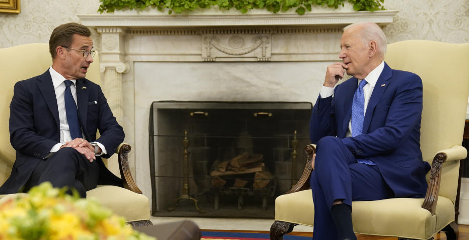 FILE - President Joe Biden meets with Swedish Prime Minister Ulf Kristersson in the Oval Office of the White House, Wednesday, July 5, 2023, in Washington. NATO's much-celebrated unity faces fresh strains when leaders gather for their annual summit this week in Vilnius, Lithuania. The world’s biggest security alliance is struggling to reach an agreement on admitting Sweden as its 32nd member. (AP Photo/Evan Vucci, File)