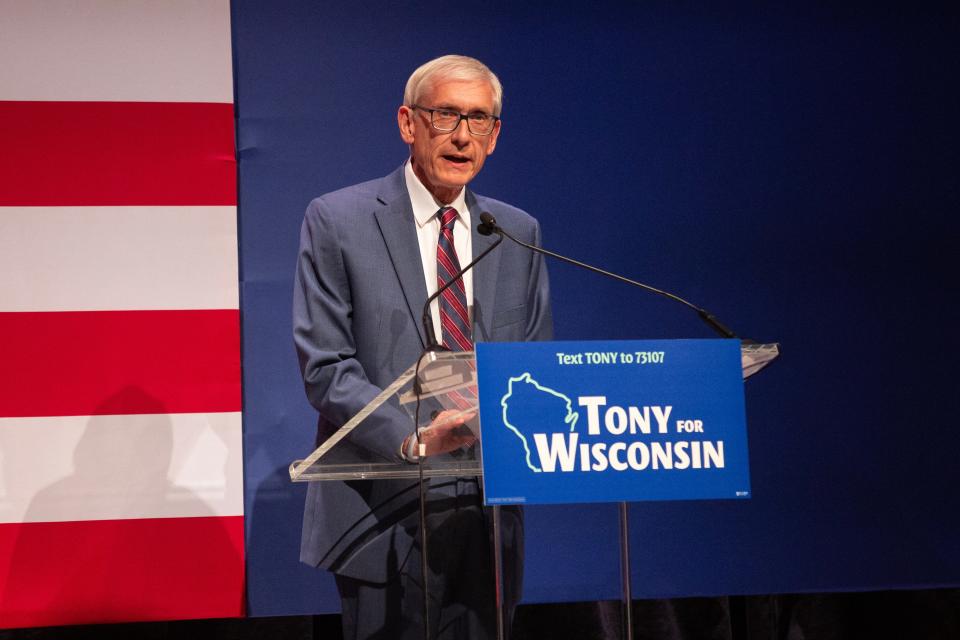 Gov. Tony Evers speaks to supporters during an election night event at The Orpheum Theater on November 8, 2022 in Madison, Wisconsin. On Tuesday, April 2, he voted a bill aiming to restrict trans kids from playing on sports teams that matched their gender identity.