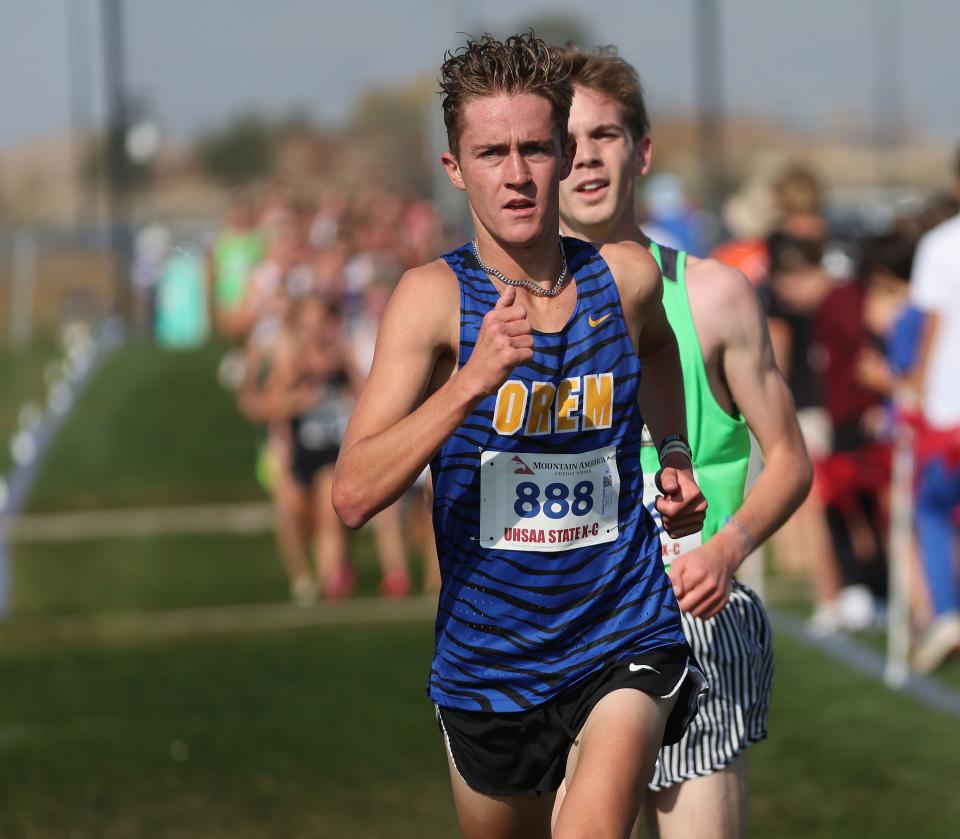 Austin Westfall of Orem races en route to a win in the 4A boys cross-country state championship race at the Regional Athletic Complex in Rose Park on Tuesday, Oct. 24, 2023. | Jeffrey D. Allred, Deseret News